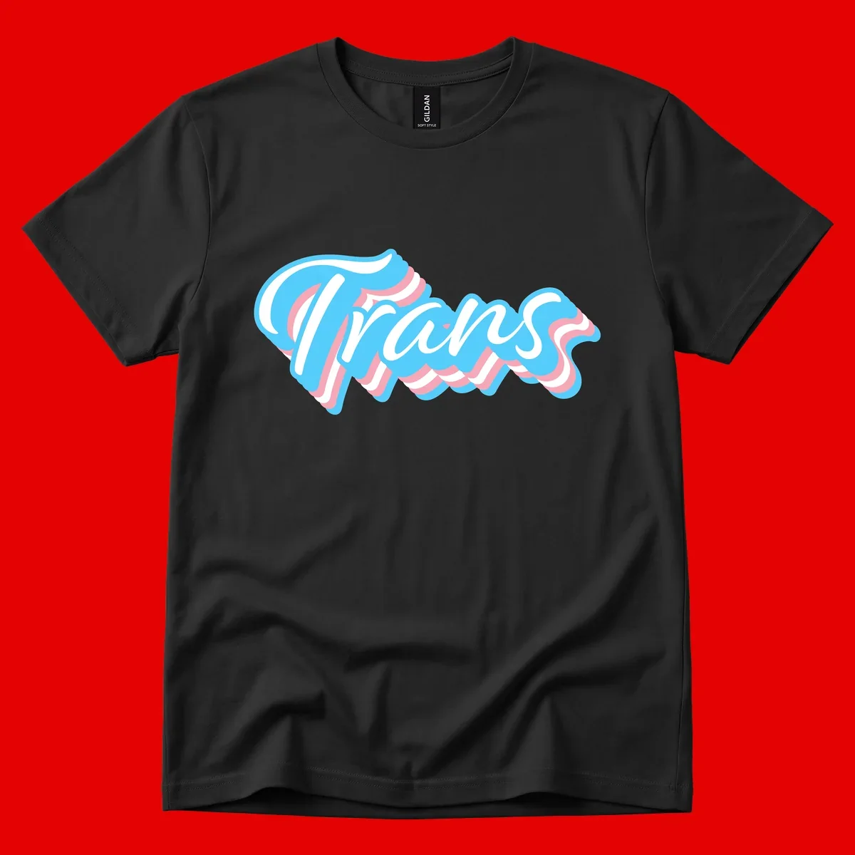 Waves pride flow design featuring white cursive text with layered pink and blue wavy patterns on a gray background