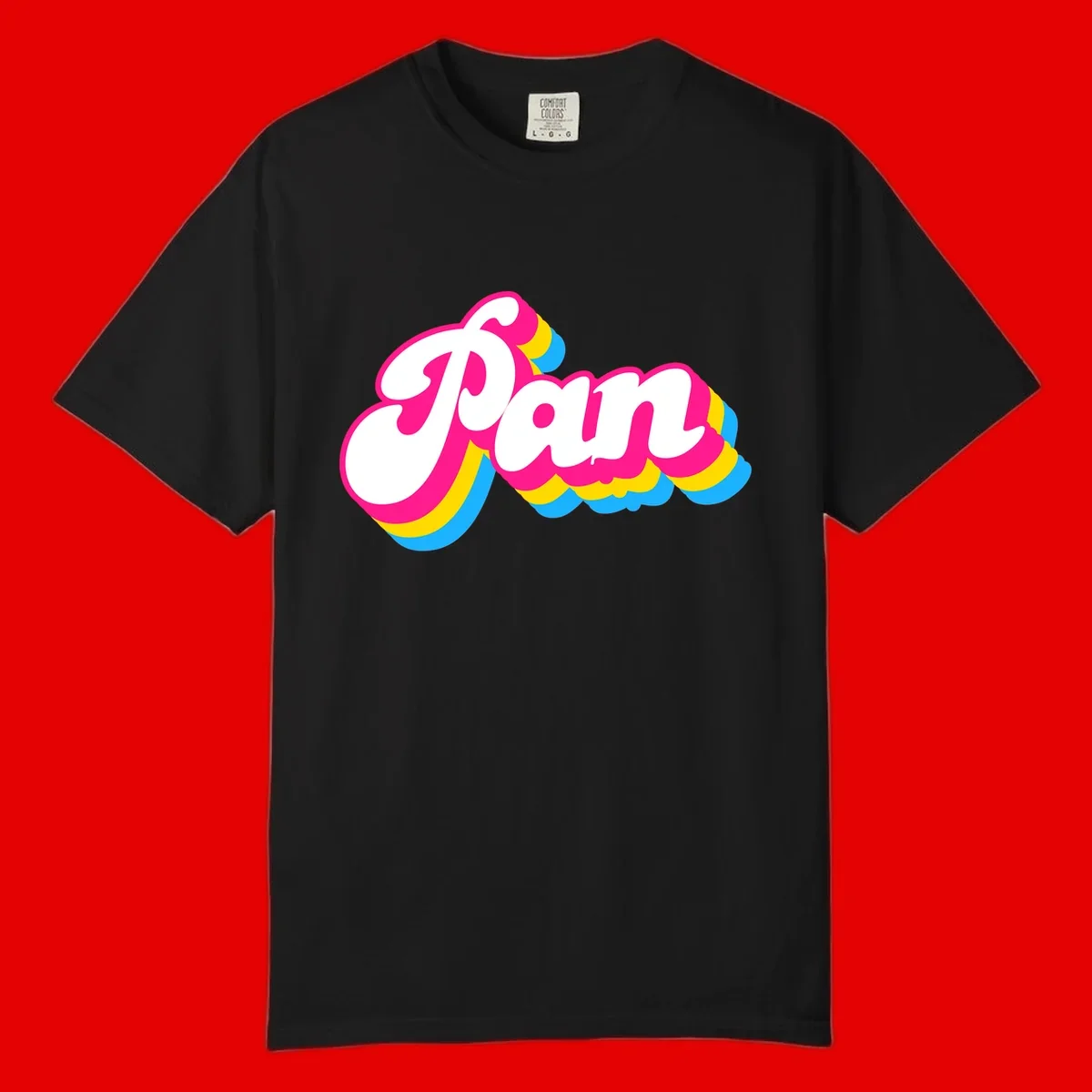 Retro pop art design with 'Pam' in bold white lettering outlined in magenta with layered cyan and yellow scalloped shapes