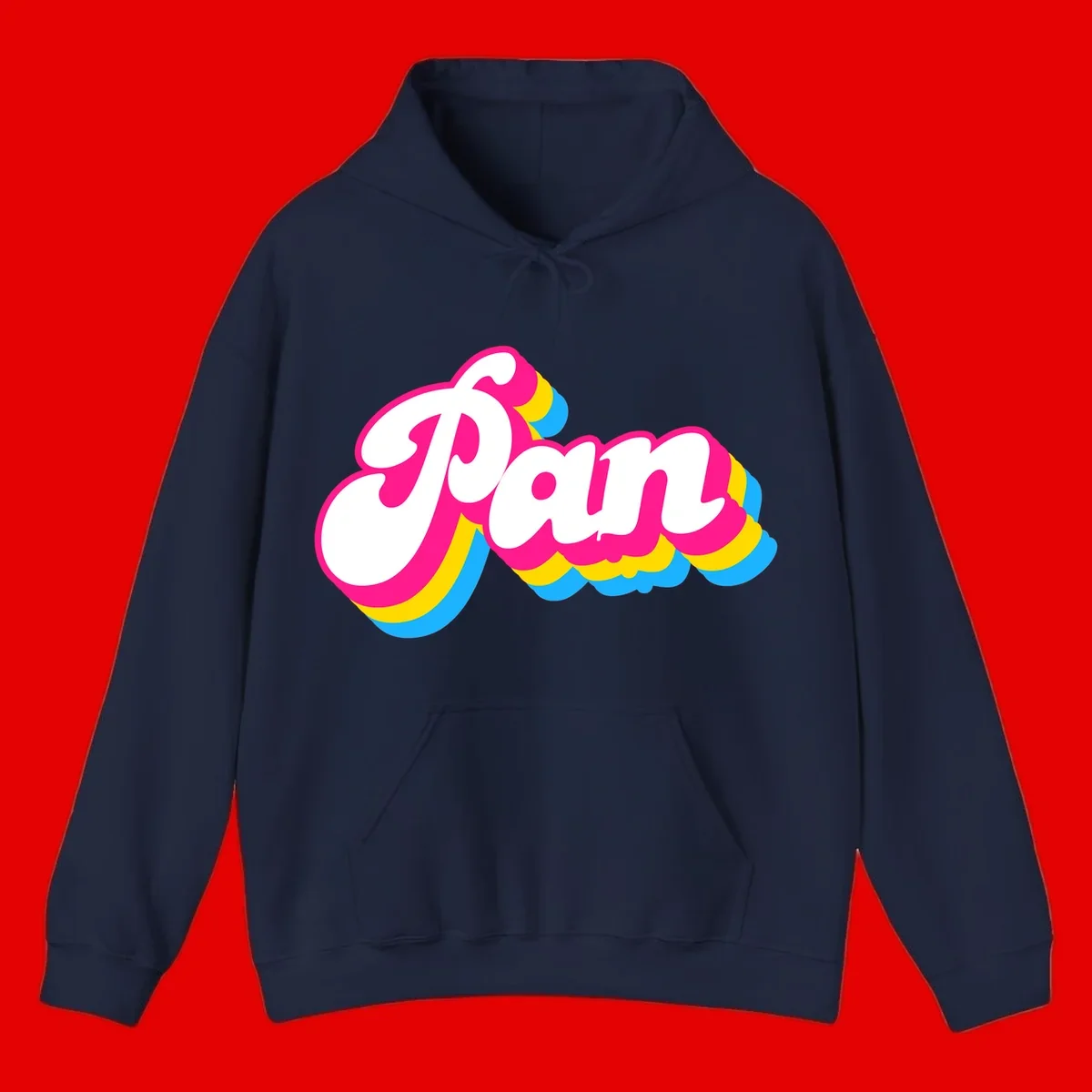 Retro pop art design with 'Pam' in bold white lettering outlined in magenta with layered cyan and yellow scalloped shapes