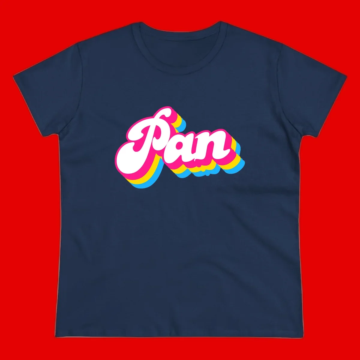 Retro pop art design with 'Pam' in bold white lettering outlined in magenta with layered cyan and yellow scalloped shapes