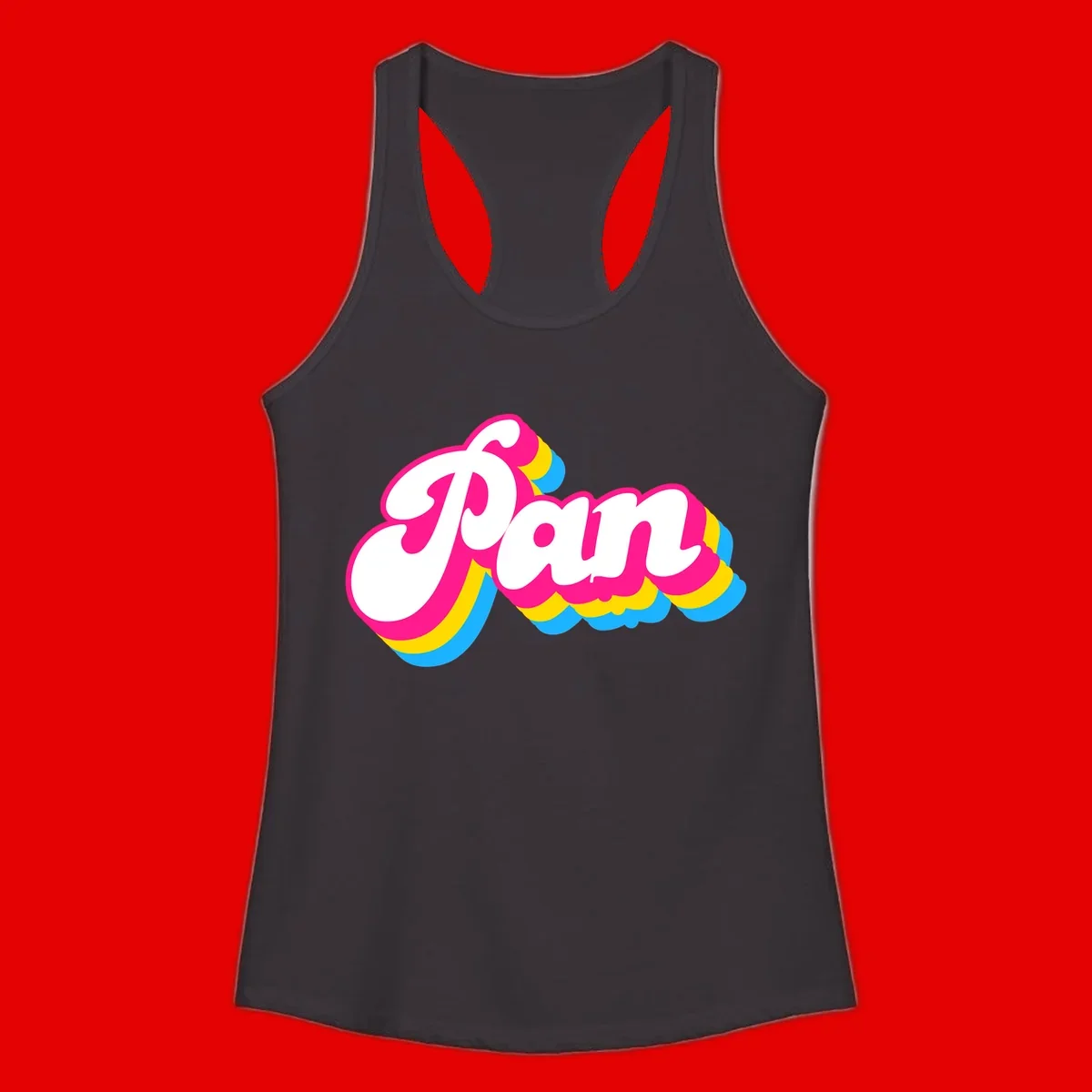 Retro pop art design with 'Pam' in bold white lettering outlined in magenta with layered cyan and yellow scalloped shapes