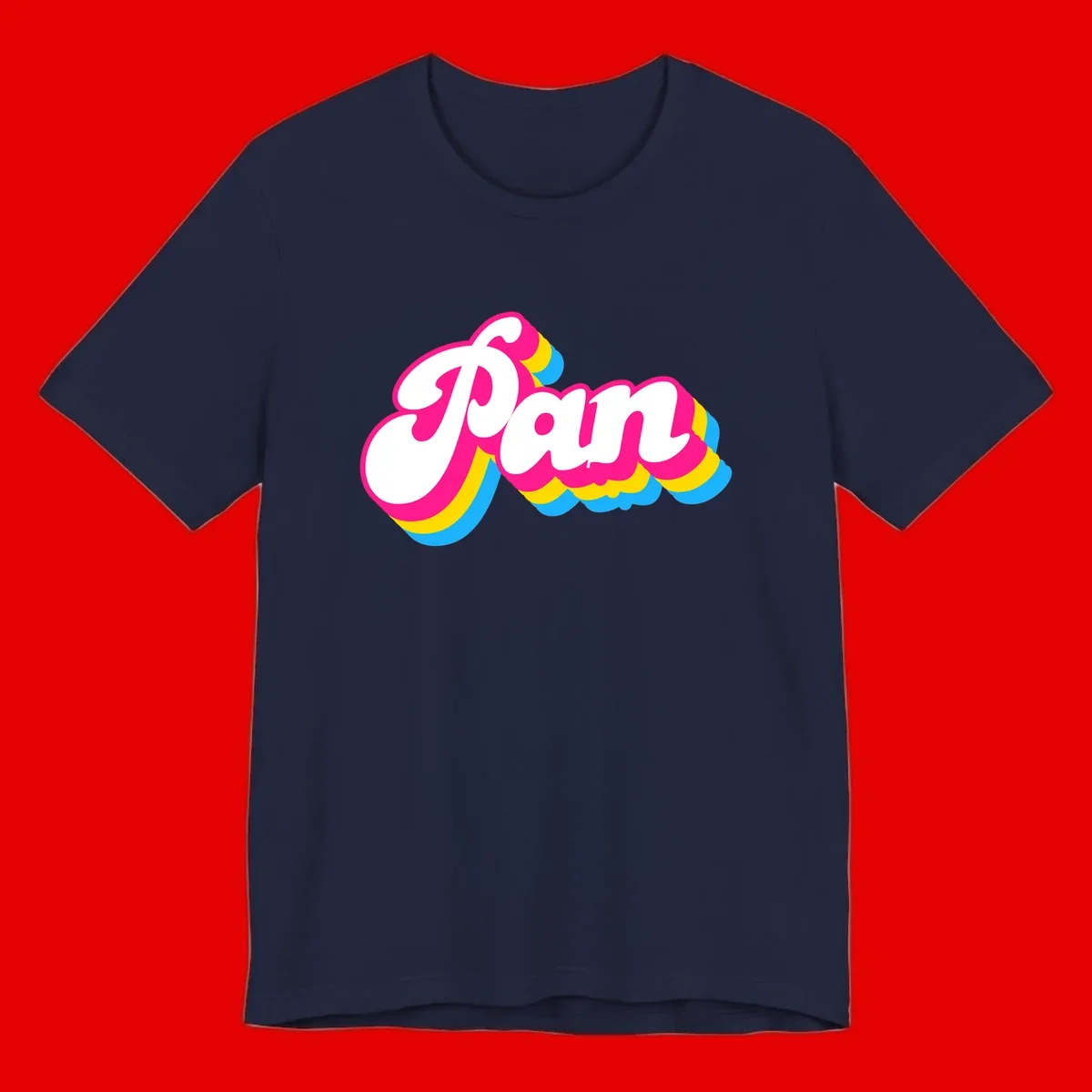 Retro pop art design with 'Pam' in bold white lettering outlined in magenta with layered cyan and yellow scalloped shapes