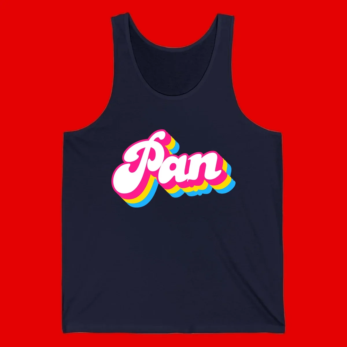 Retro pop art design with 'Pam' in bold white lettering outlined in magenta with layered cyan and yellow scalloped shapes