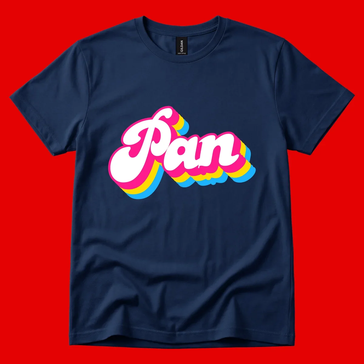 Retro pop art design with 'Pam' in bold white lettering outlined in magenta with layered cyan and yellow scalloped shapes