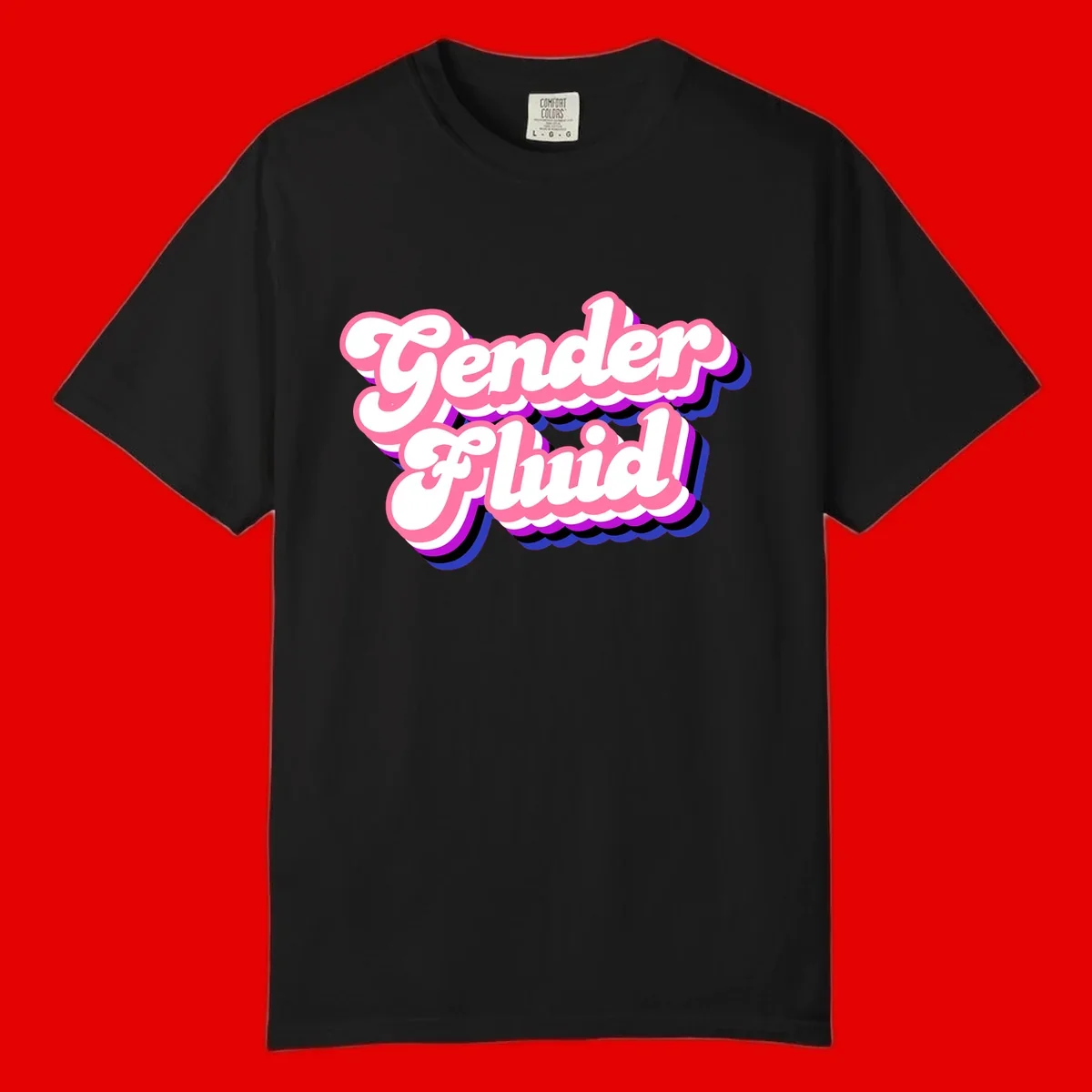 Gender Fluid design featuring bold pink and white text with colorful purple, blue, and black layered shadow effects