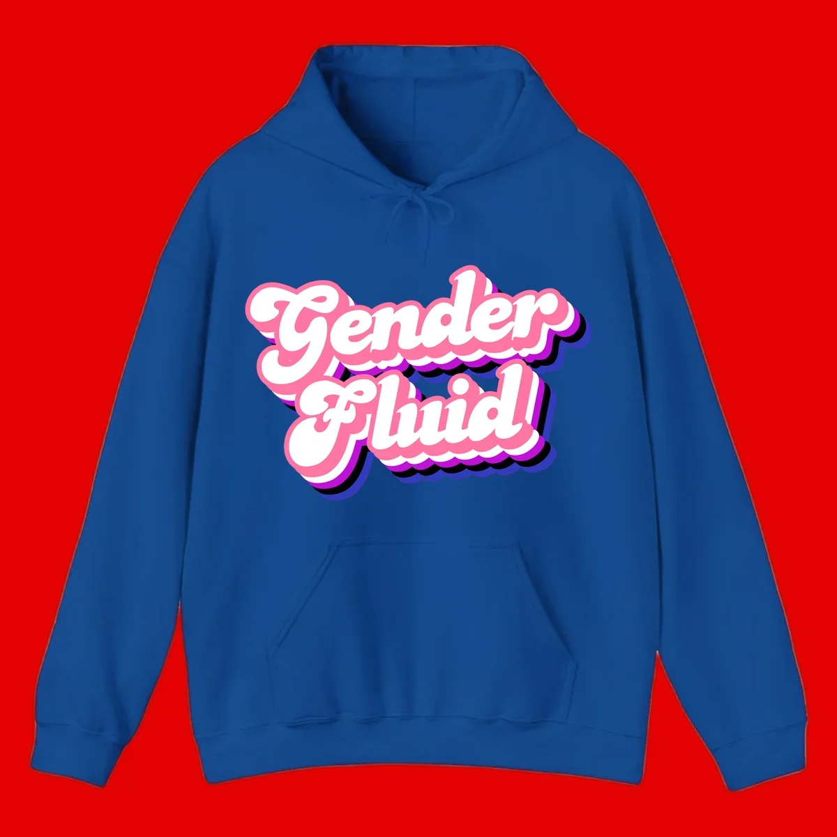 Gender Fluid design featuring bold pink and white text with colorful purple, blue, and black layered shadow effects