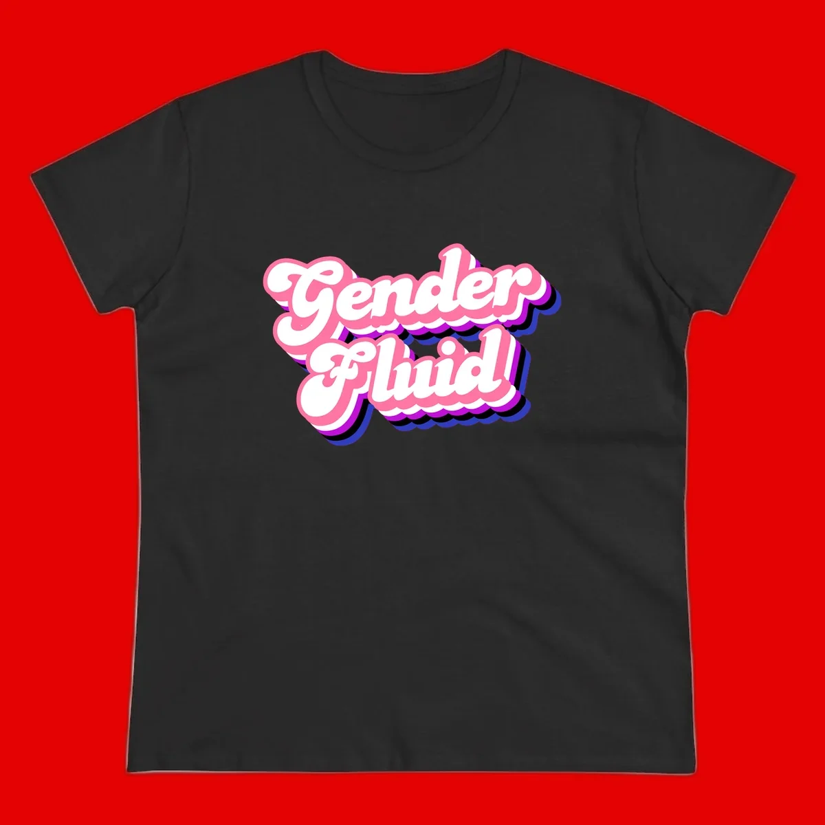 Gender Fluid design featuring bold pink and white text with colorful purple, blue, and black layered shadow effects