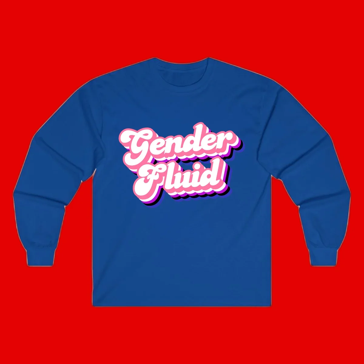 Gender Fluid design featuring bold pink and white text with colorful purple, blue, and black layered shadow effects