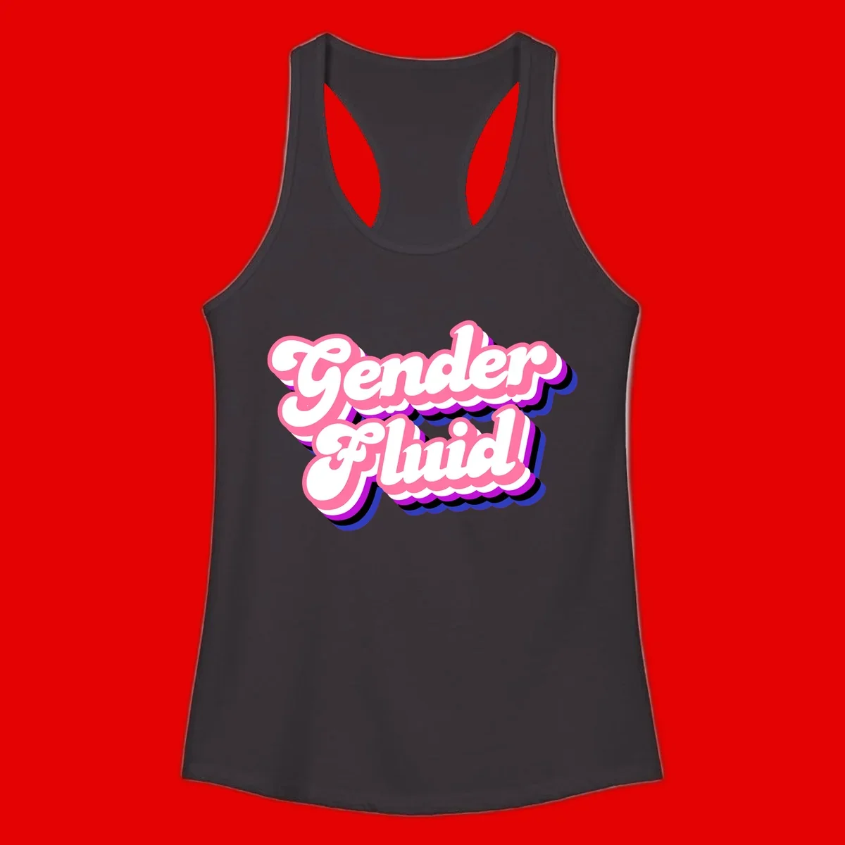 Gender Fluid design featuring bold pink and white text with colorful purple, blue, and black layered shadow effects
