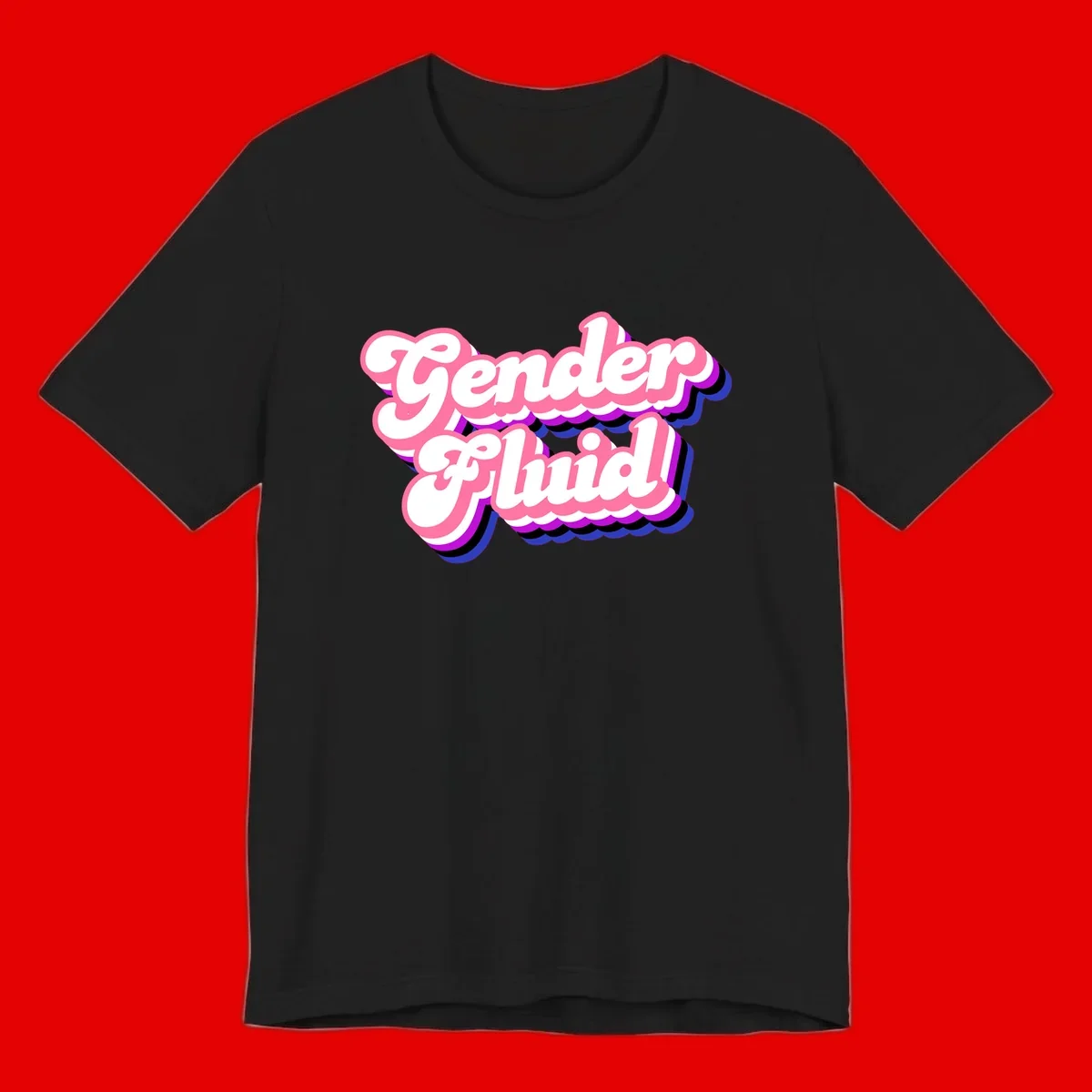 Gender Fluid design featuring bold pink and white text with colorful purple, blue, and black layered shadow effects
