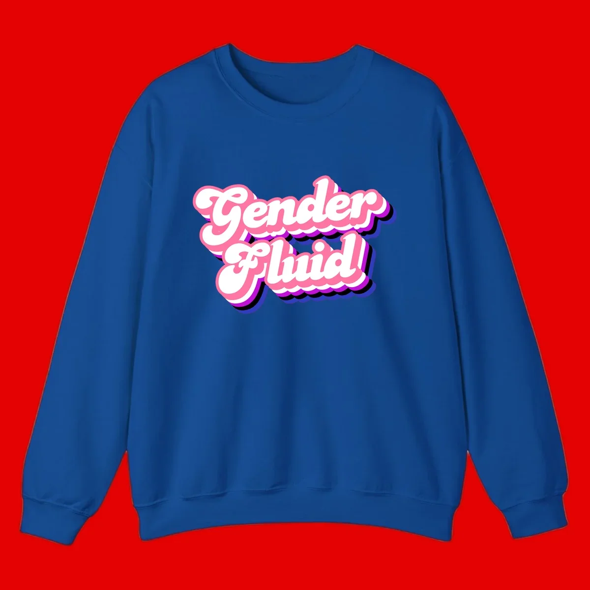 Gender Fluid design featuring bold pink and white text with colorful purple, blue, and black layered shadow effects
