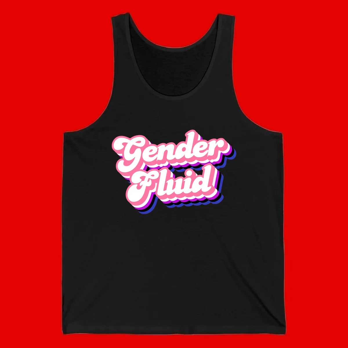 Gender Fluid design featuring bold pink and white text with colorful purple, blue, and black layered shadow effects