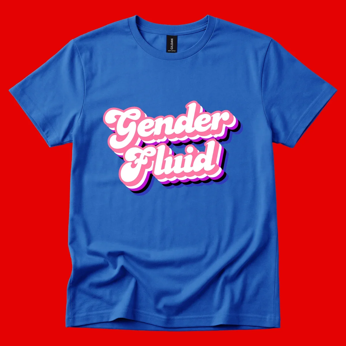 Gender Fluid design featuring bold pink and white text with colorful purple, blue, and black layered shadow effects