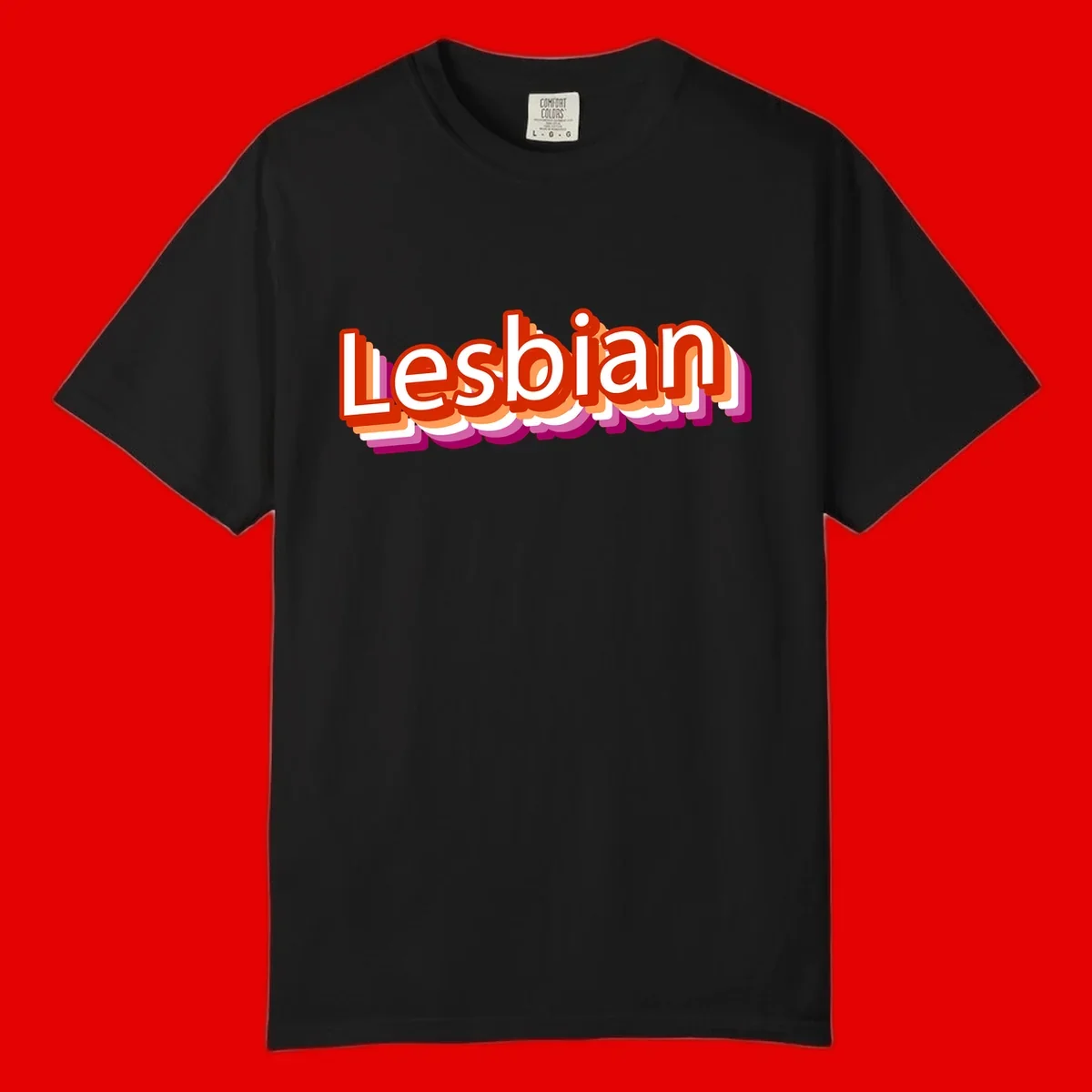 Colorful 3D text reading 'Lesbian' with layered shadow effects in red, orange, white, pink, and purple pride colors