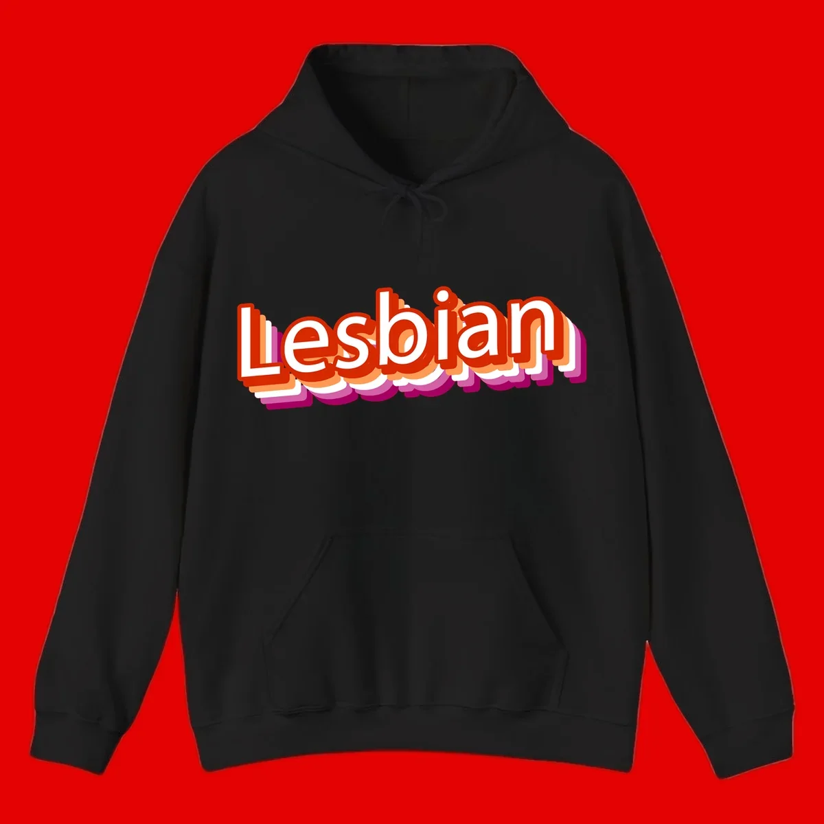 Colorful 3D text reading 'Lesbian' with layered shadow effects in red, orange, white, pink, and purple pride colors