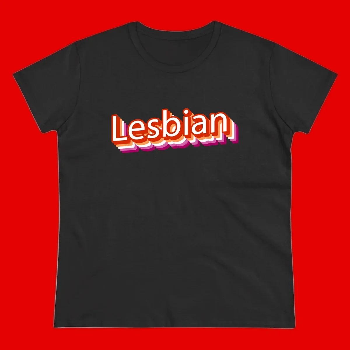 Colorful 3D text reading 'Lesbian' with layered shadow effects in red, orange, white, pink, and purple pride colors