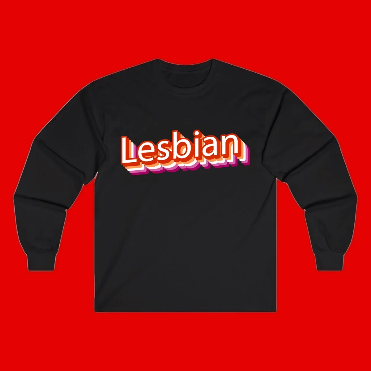 Colorful 3D text reading 'Lesbian' with layered shadow effects in red, orange, white, pink, and purple pride colors