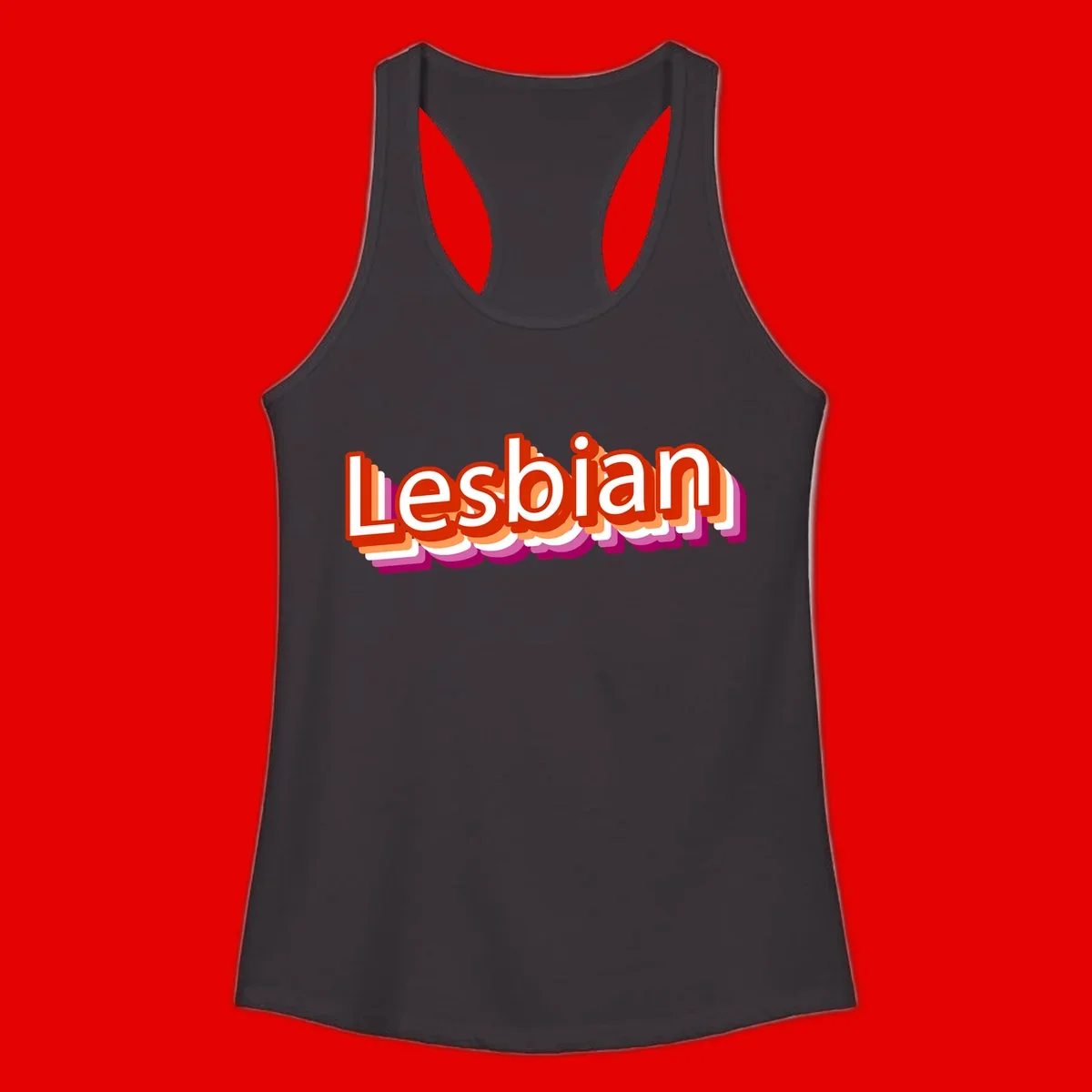 Colorful 3D text reading 'Lesbian' with layered shadow effects in red, orange, white, pink, and purple pride colors