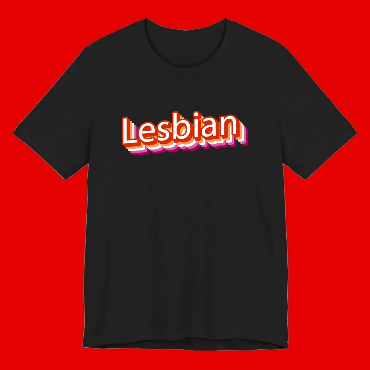 Colorful 3D text reading 'Lesbian' with layered shadow effects in red, orange, white, pink, and purple pride colors