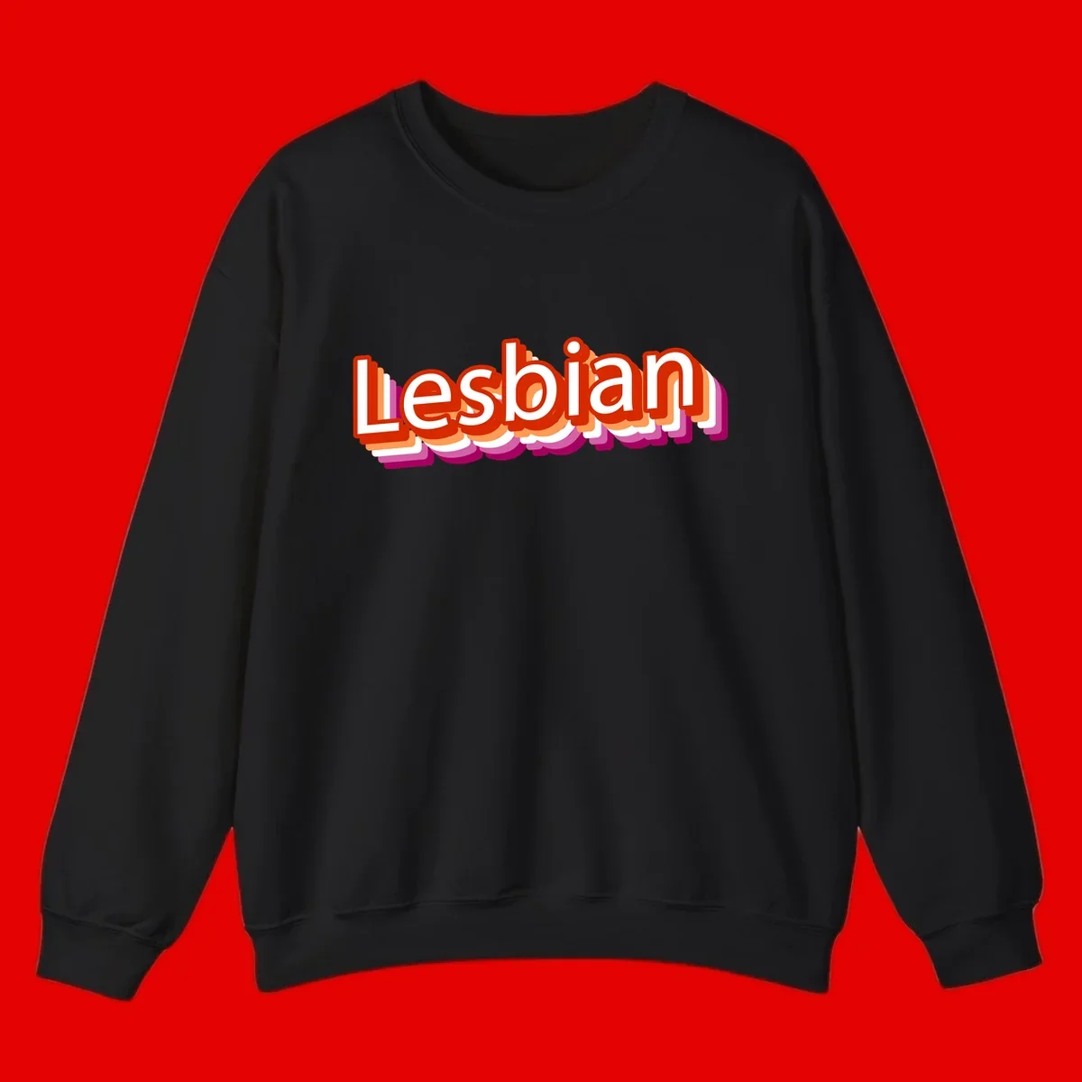 Colorful 3D text reading 'Lesbian' with layered shadow effects in red, orange, white, pink, and purple pride colors