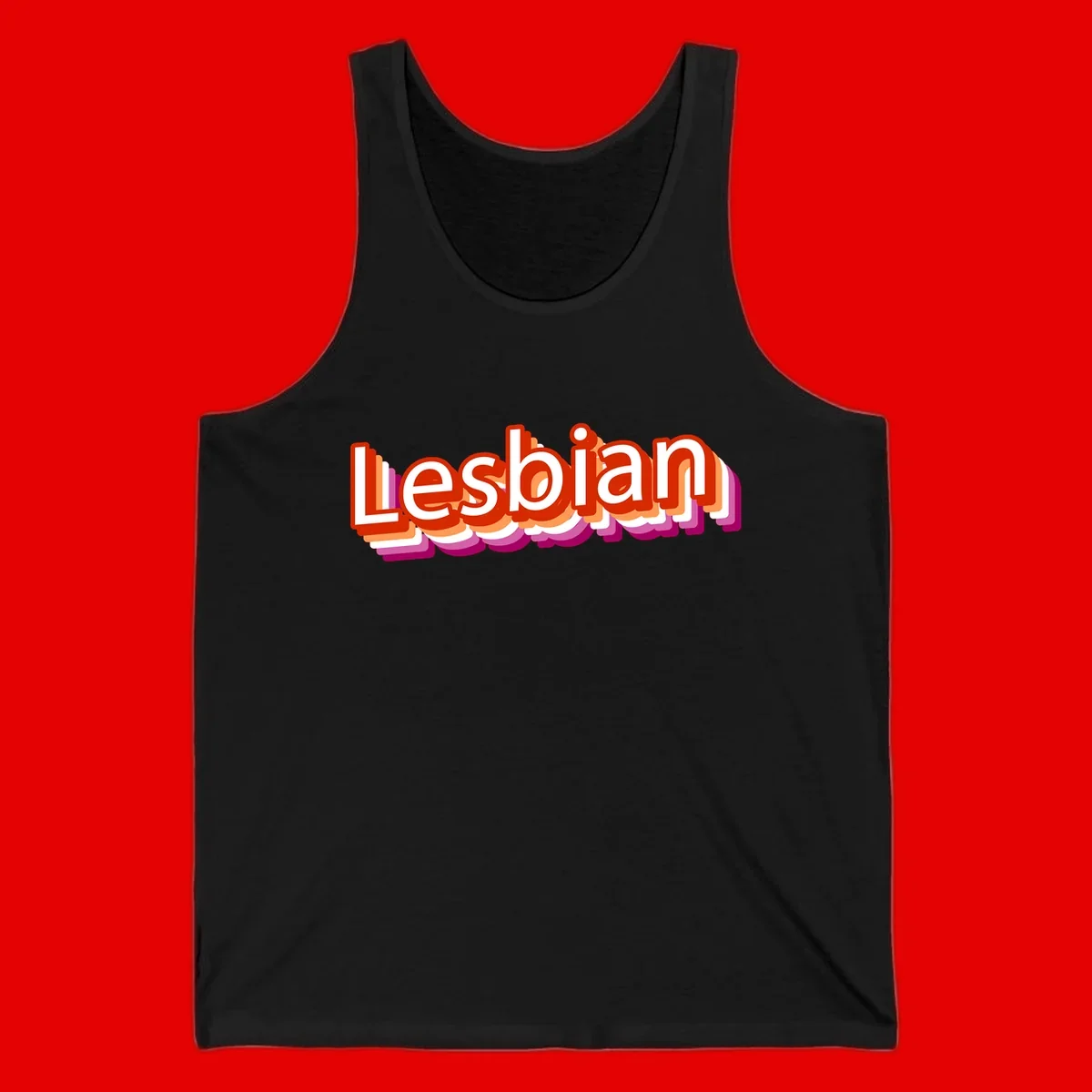 Colorful 3D text reading 'Lesbian' with layered shadow effects in red, orange, white, pink, and purple pride colors