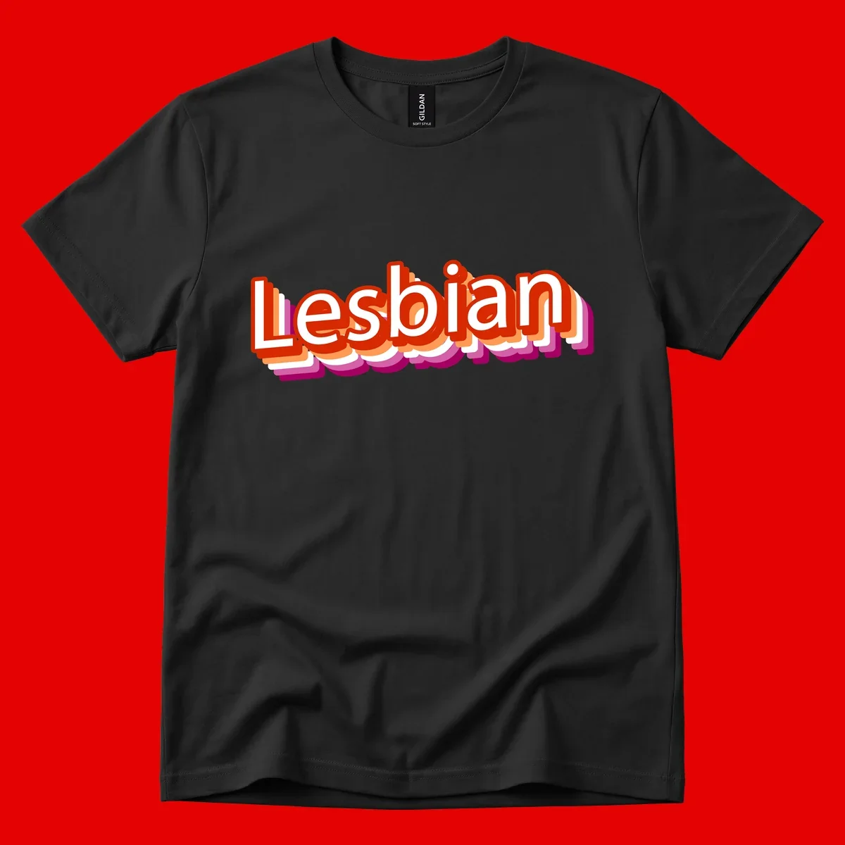 Colorful 3D text reading 'Lesbian' with layered shadow effects in red, orange, white, pink, and purple pride colors