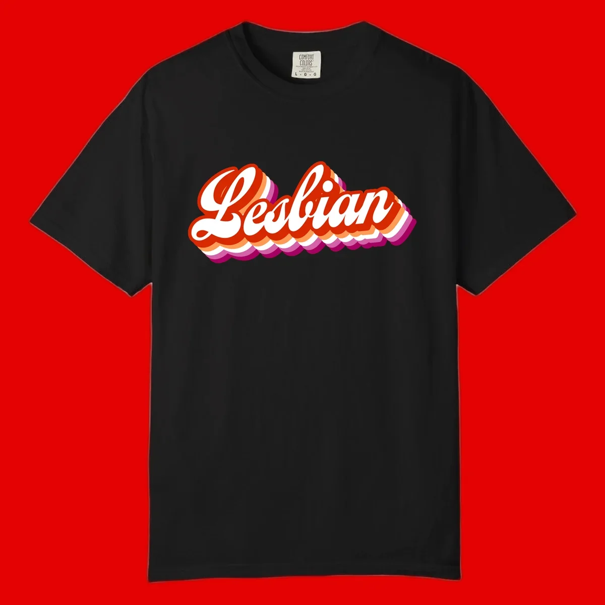 Bold retro 'Lesbian' text with 3D layered scalloped edges in red, orange, magenta, and purple on gray background