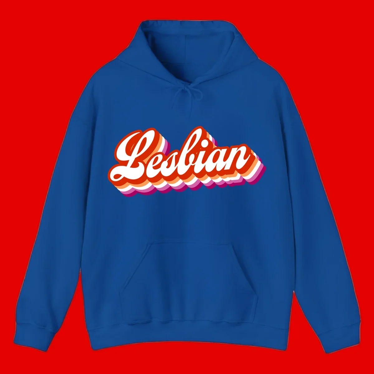 Bold retro 'Lesbian' text with 3D layered scalloped edges in red, orange, magenta, and purple on gray background