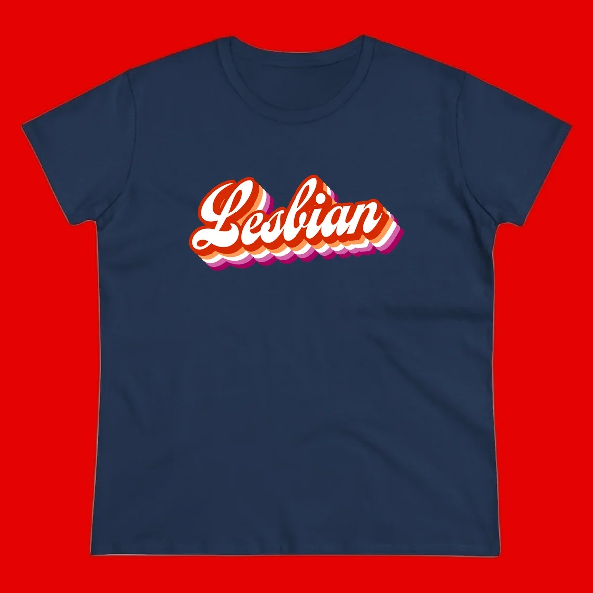 Bold retro 'Lesbian' text with 3D layered scalloped edges in red, orange, magenta, and purple on gray background