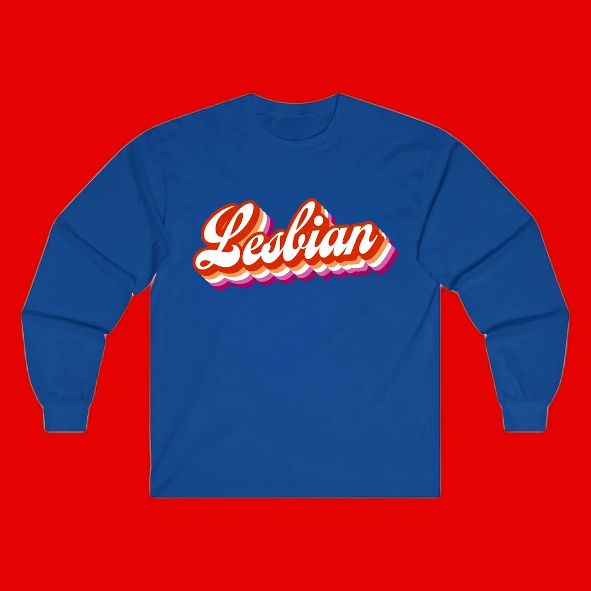 Bold retro 'Lesbian' text with 3D layered scalloped edges in red, orange, magenta, and purple on gray background