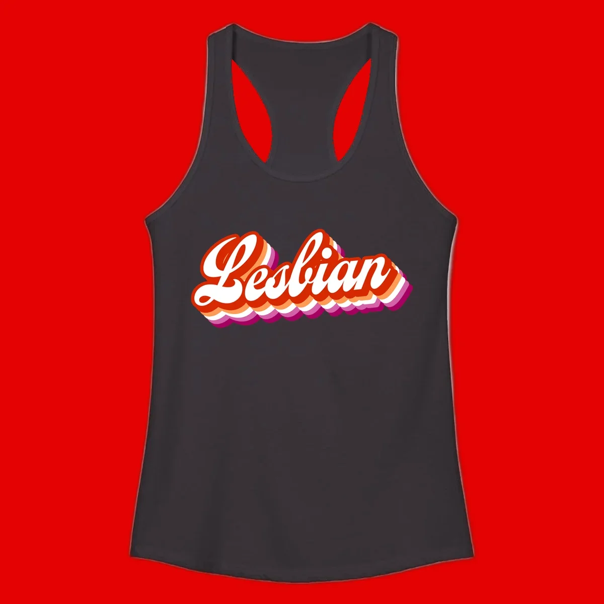 Bold retro 'Lesbian' text with 3D layered scalloped edges in red, orange, magenta, and purple on gray background