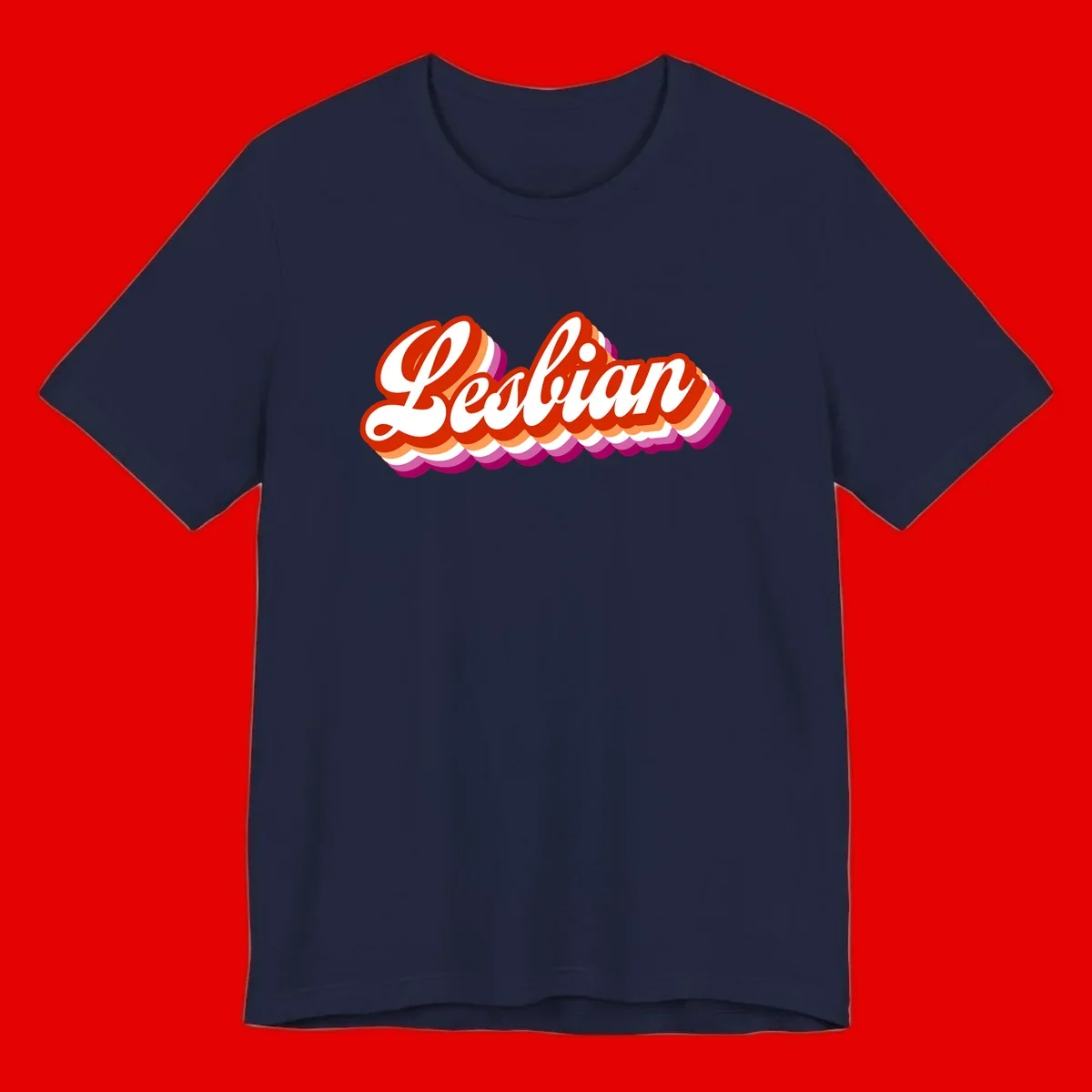 Bold retro 'Lesbian' text with 3D layered scalloped edges in red, orange, magenta, and purple on gray background