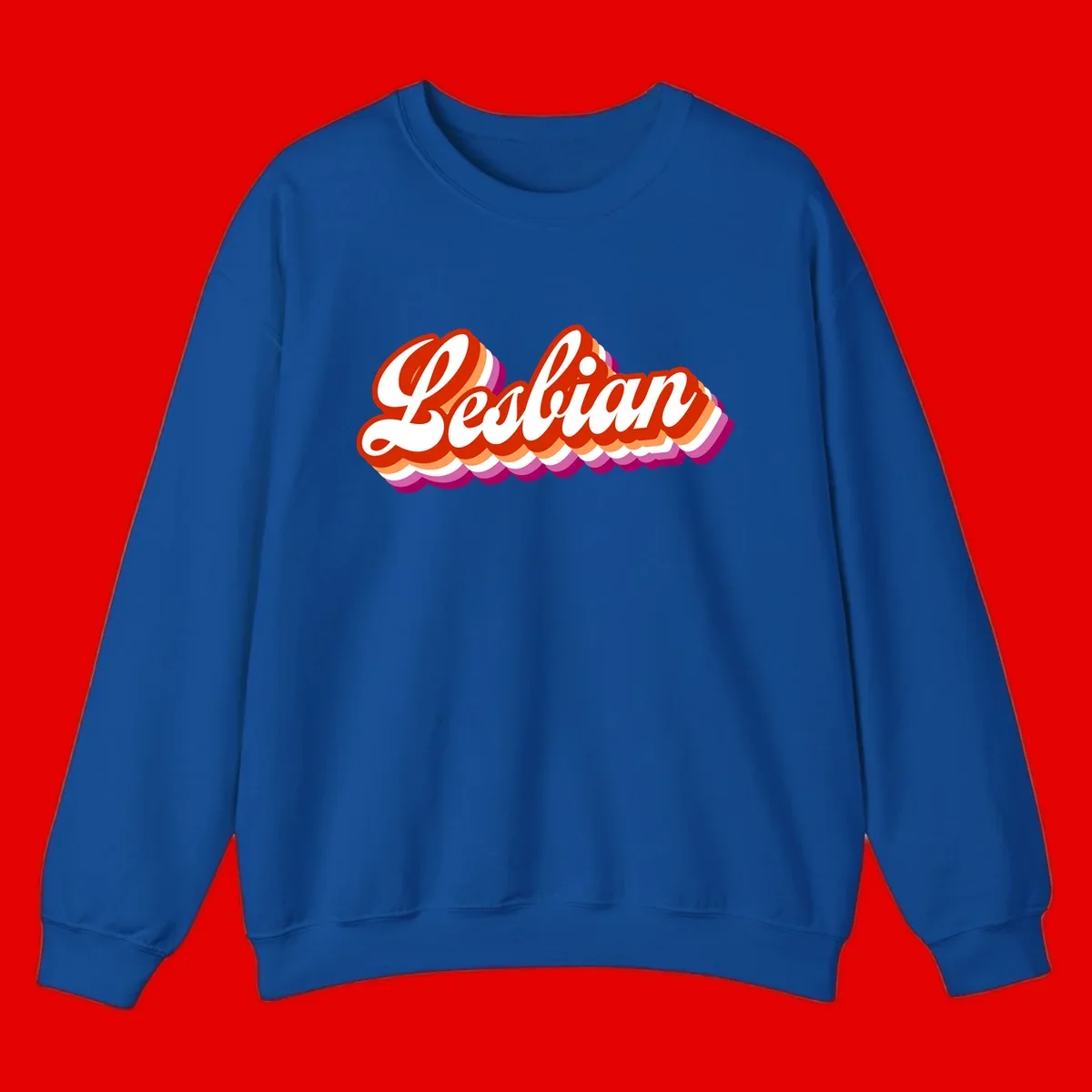 Bold retro 'Lesbian' text with 3D layered scalloped edges in red, orange, magenta, and purple on gray background