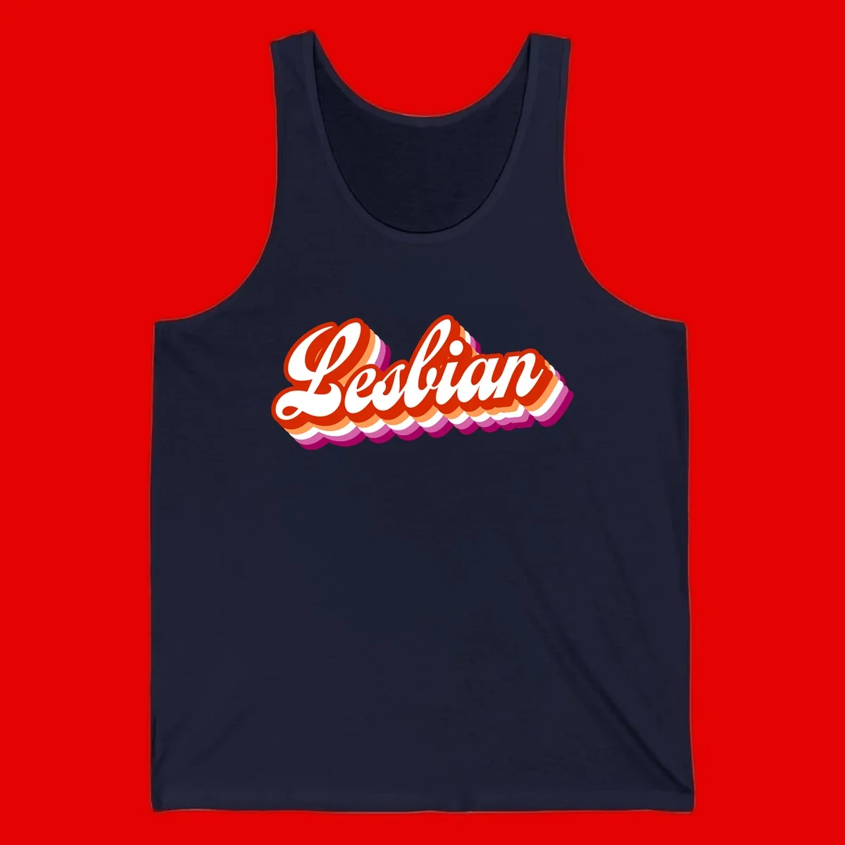 Bold retro 'Lesbian' text with 3D layered scalloped edges in red, orange, magenta, and purple on gray background
