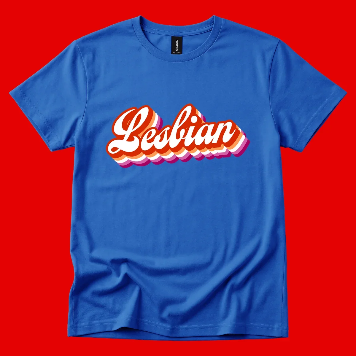 Bold retro 'Lesbian' text with 3D layered scalloped edges in red, orange, magenta, and purple on gray background