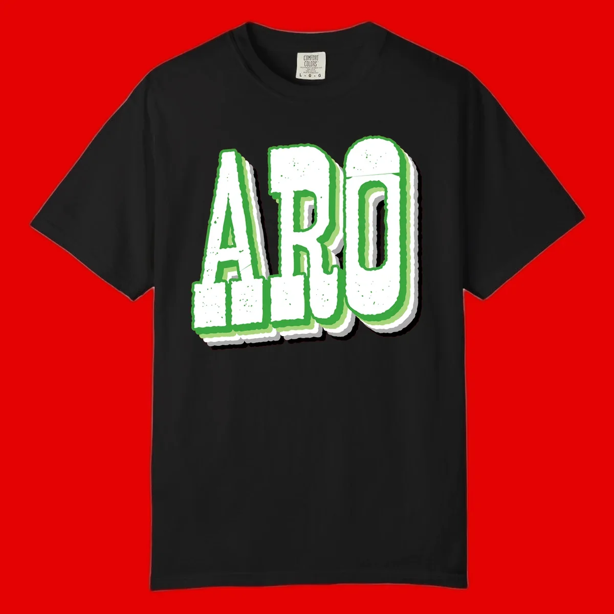 Large 3D block letters spelling ARO in green with textured speckled surface and layered shadow effect