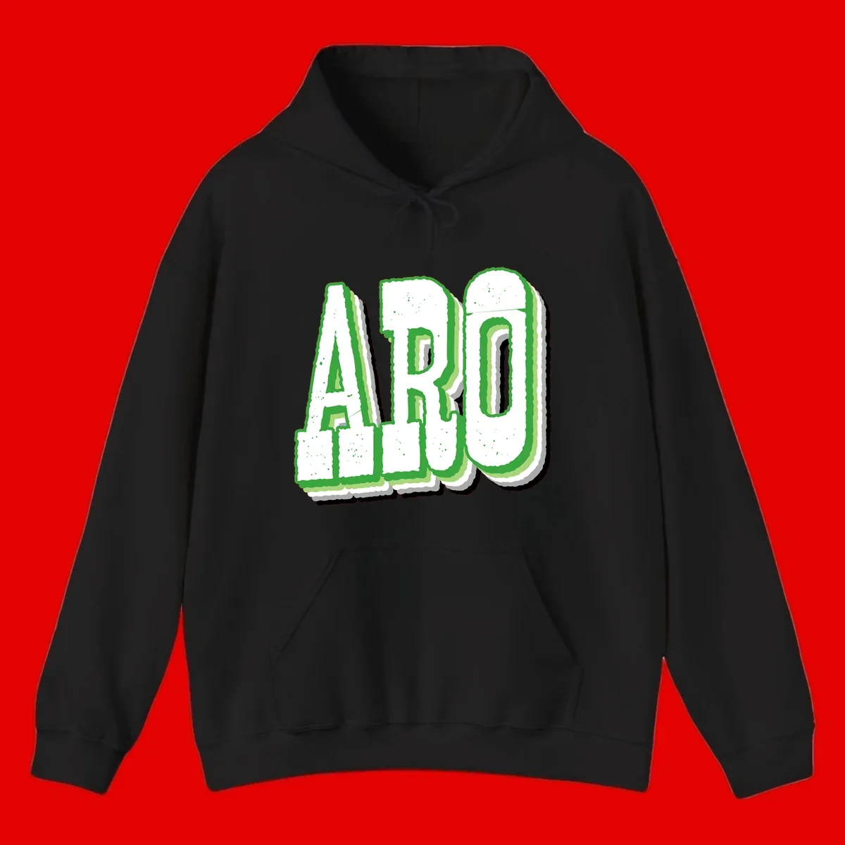 Large 3D block letters spelling ARO in green with textured speckled surface and layered shadow effect