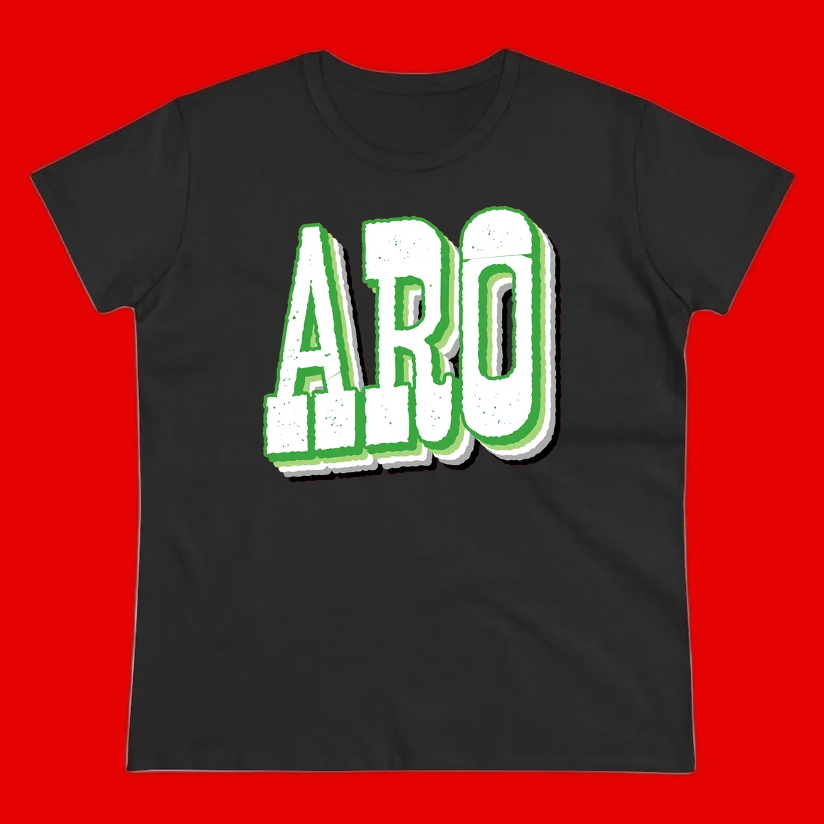 Large 3D block letters spelling ARO in green with textured speckled surface and layered shadow effect
