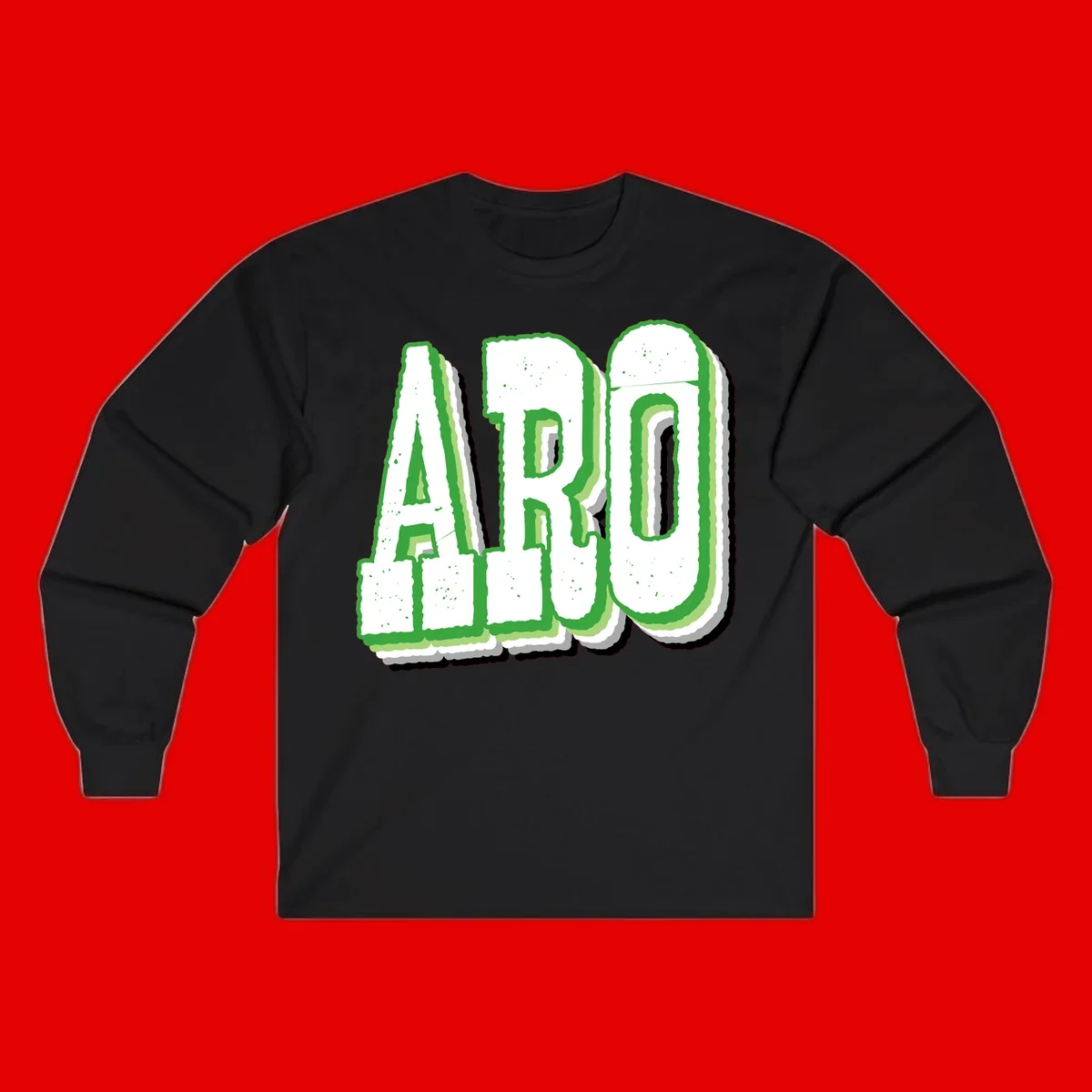Large 3D block letters spelling ARO in green with textured speckled surface and layered shadow effect