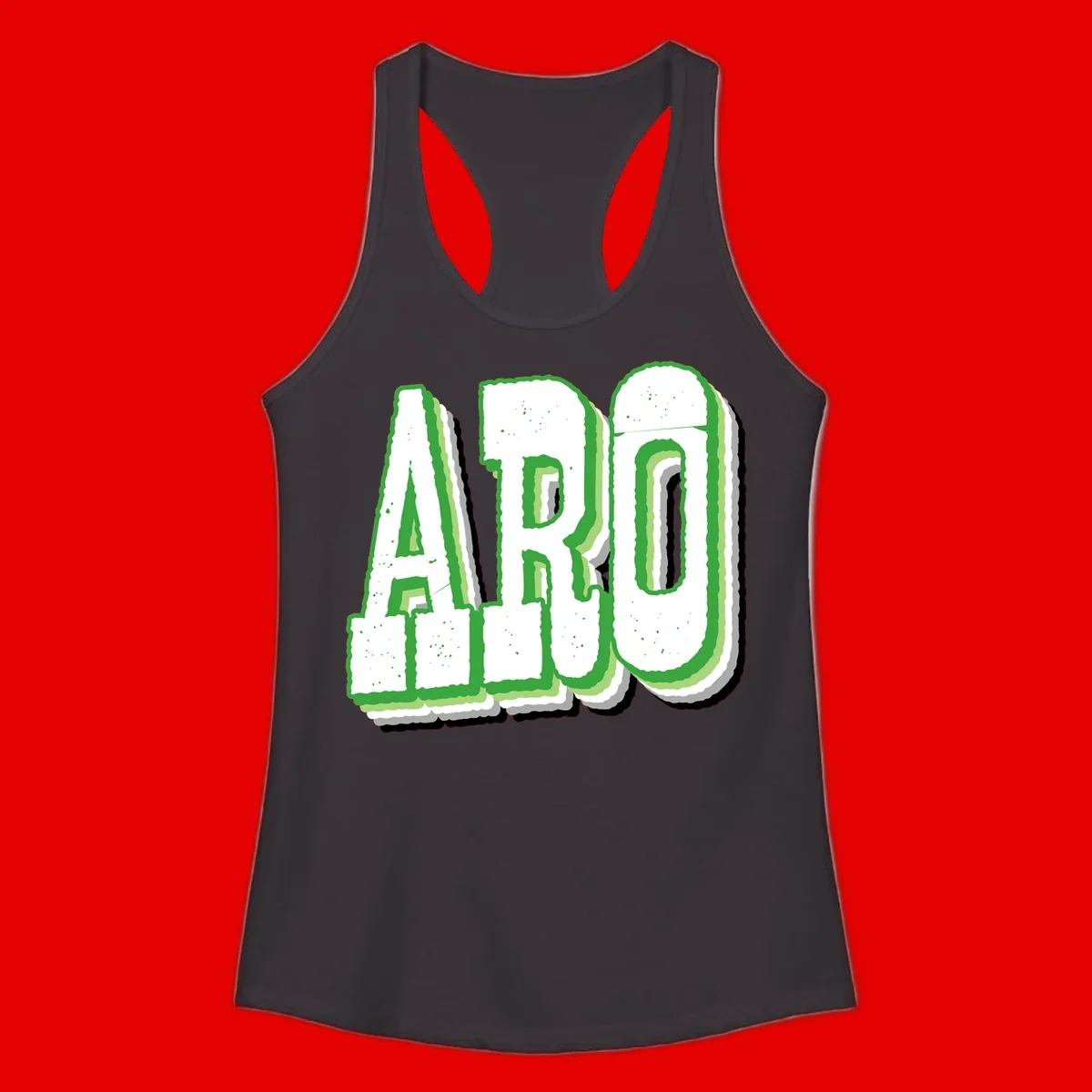 Large 3D block letters spelling ARO in green with textured speckled surface and layered shadow effect