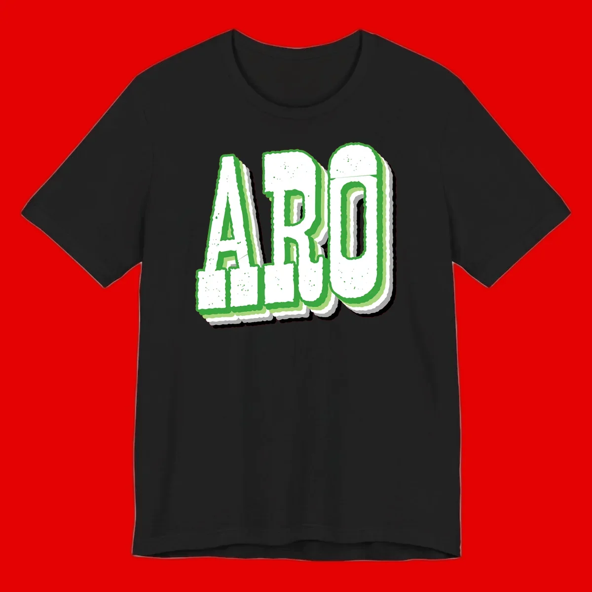 Large 3D block letters spelling ARO in green with textured speckled surface and layered shadow effect