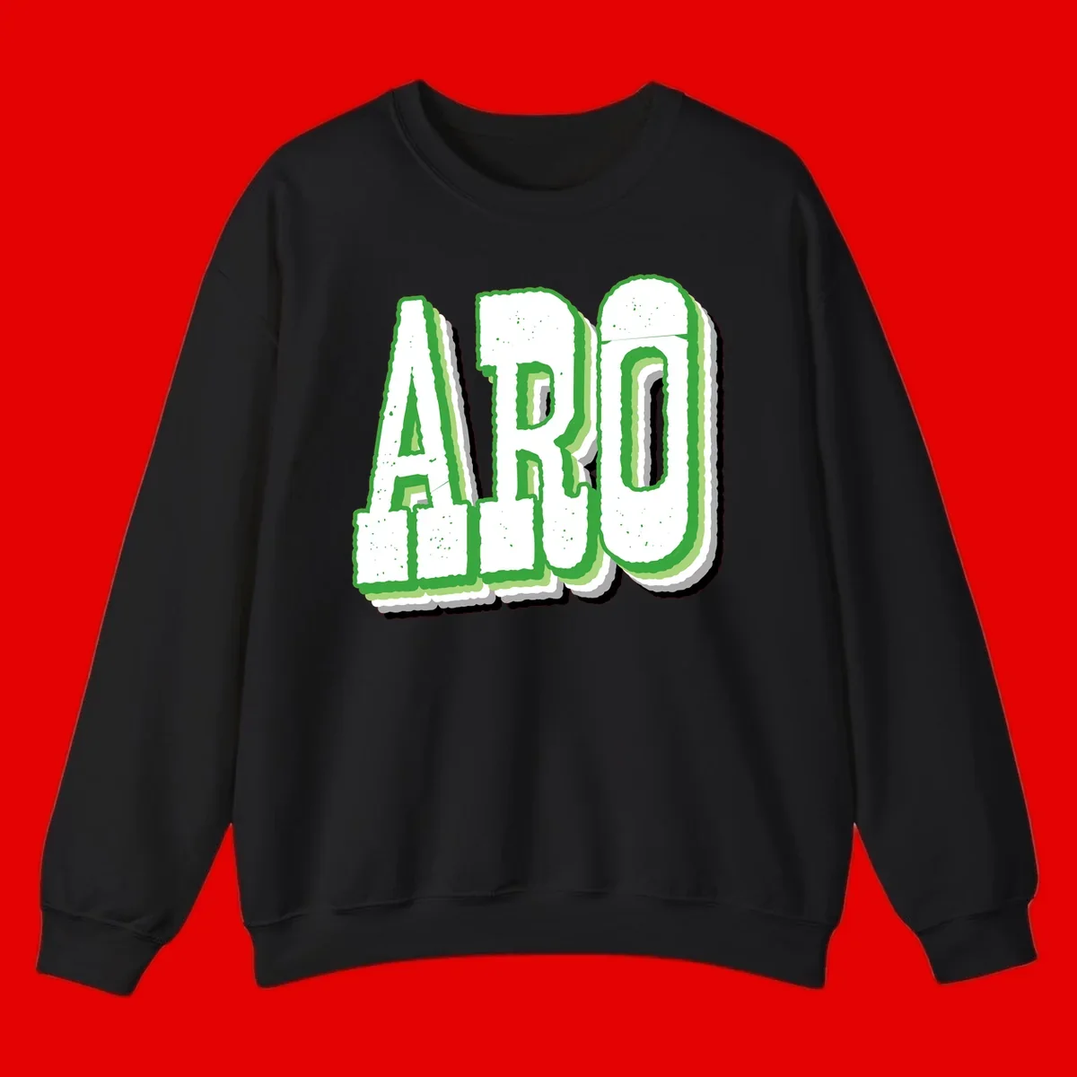 Large 3D block letters spelling ARO in green with textured speckled surface and layered shadow effect