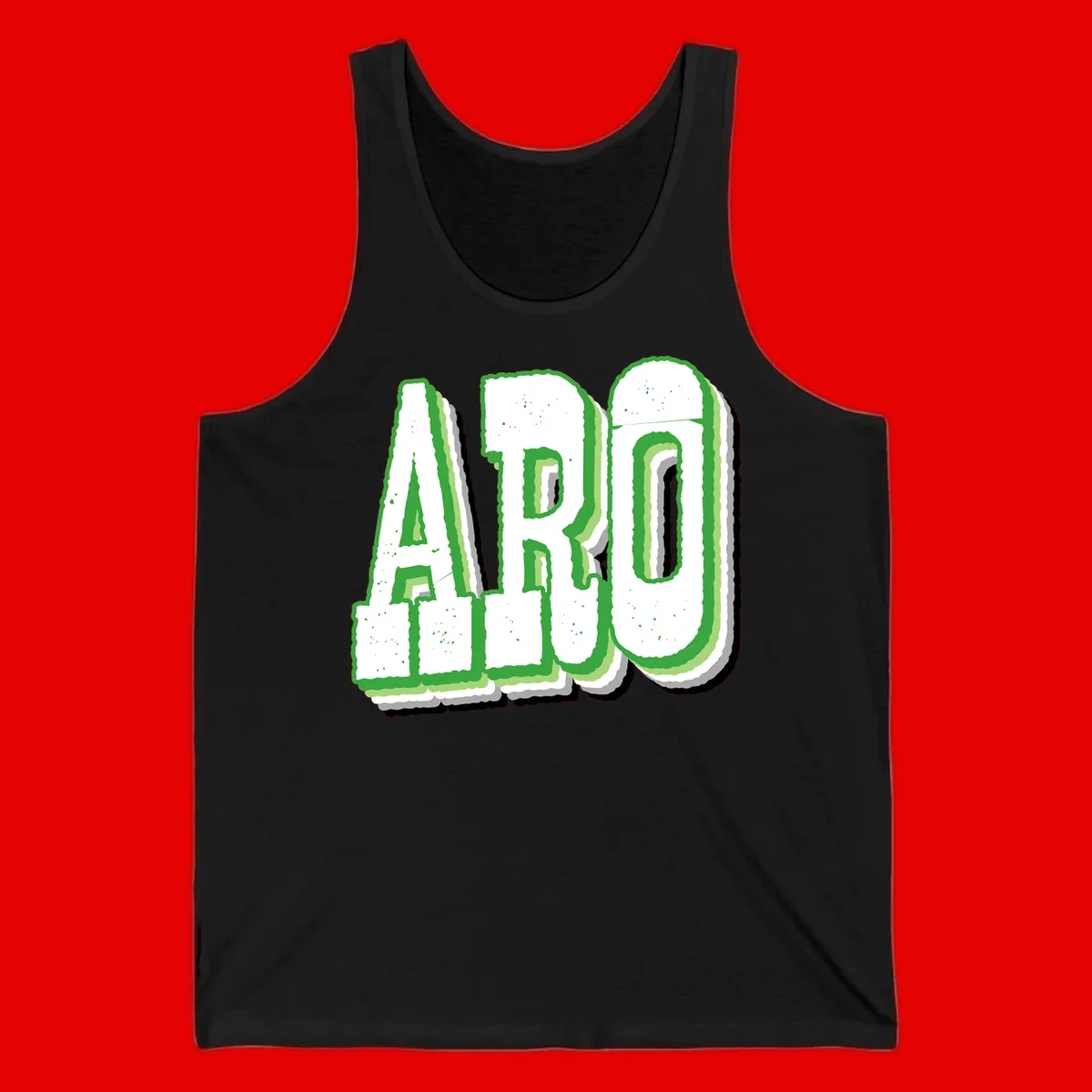Large 3D block letters spelling ARO in green with textured speckled surface and layered shadow effect