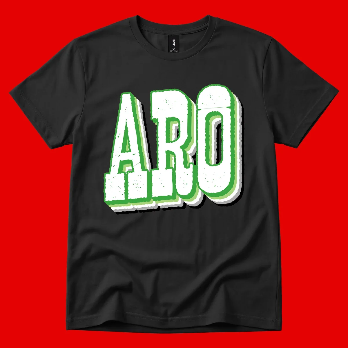 Large 3D block letters spelling ARO in green with textured speckled surface and layered shadow effect