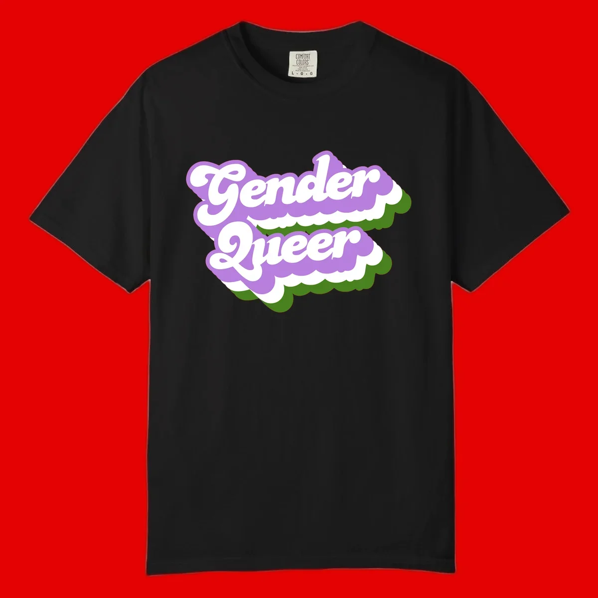 Retro-style gender queer pride design with white text and purple-green scalloped shapes