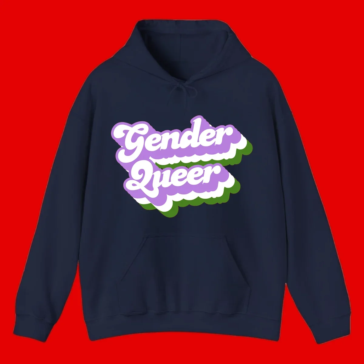 Retro-style gender queer pride design with white text and purple-green scalloped shapes