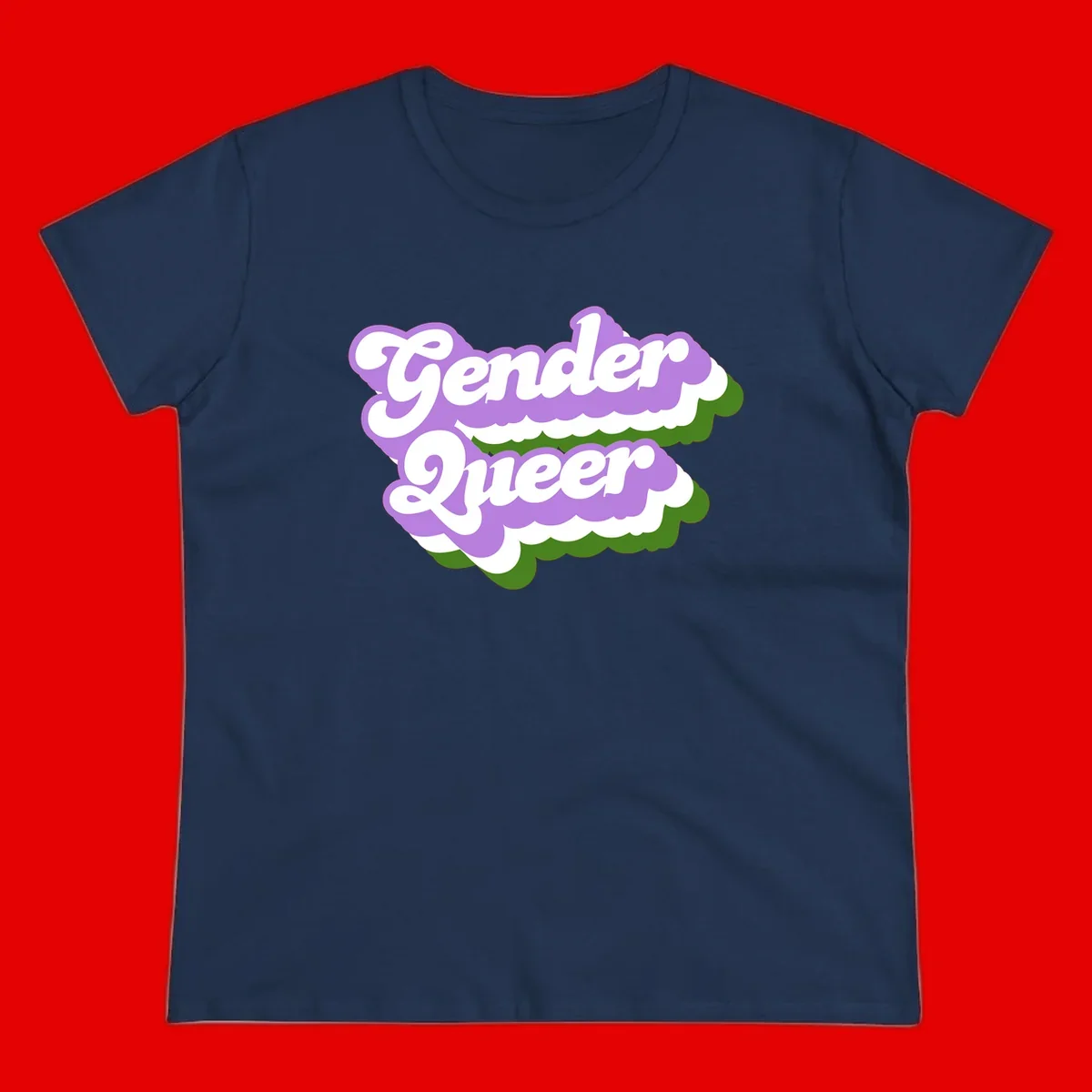 Retro-style gender queer pride design with white text and purple-green scalloped shapes