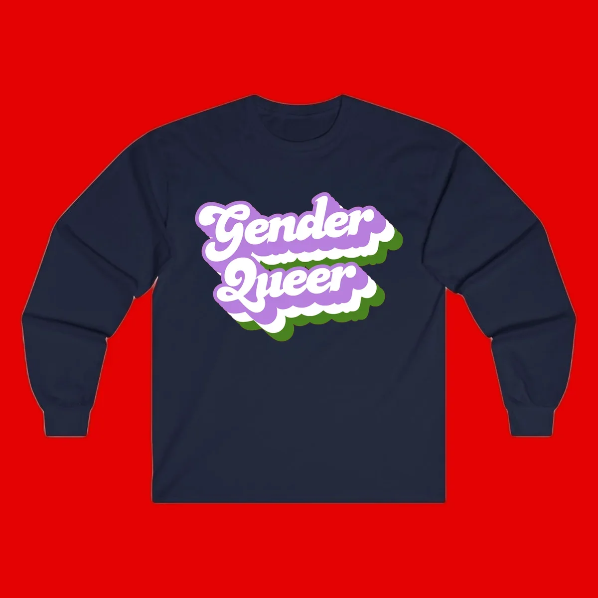 Retro-style gender queer pride design with white text and purple-green scalloped shapes