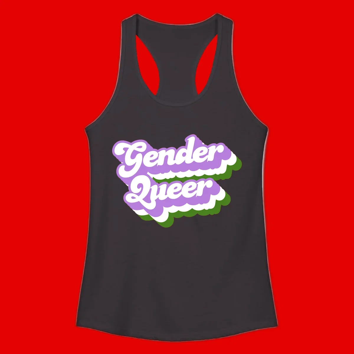 Retro-style gender queer pride design with white text and purple-green scalloped shapes