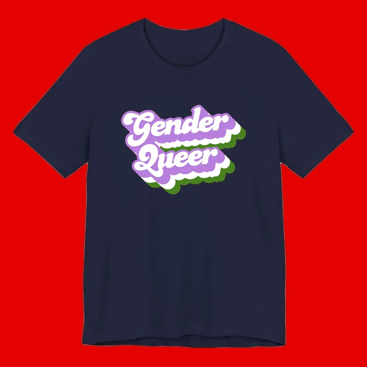 Retro-style gender queer pride design with white text and purple-green scalloped shapes